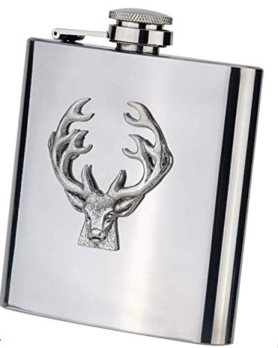 6oz Stainless Steel Hip Flask with Pewter Stag in a Presentation Box