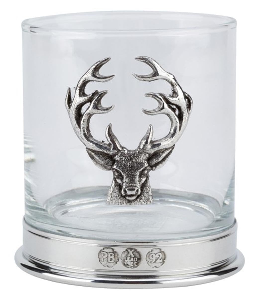 12oz Whisky Glass with a Pewter Stag's Head in a Presentation Box