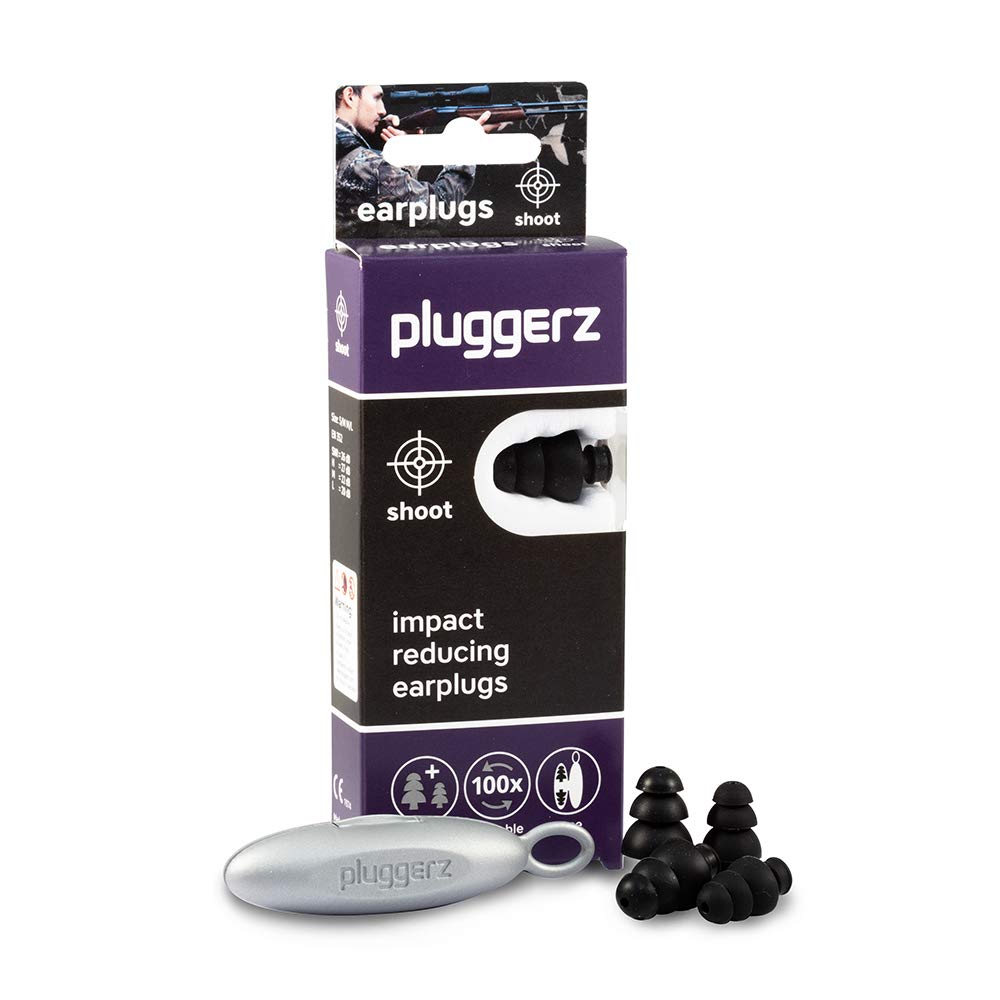 Pluggerz Earplugs Shoot - 2 Pairs (S/M M/L) - Reusable - Soft & Comfortable - Filtered - 26 dB - Shooting Sports - Hunting - Fireworks - Prevents Ear Pain/Damage
