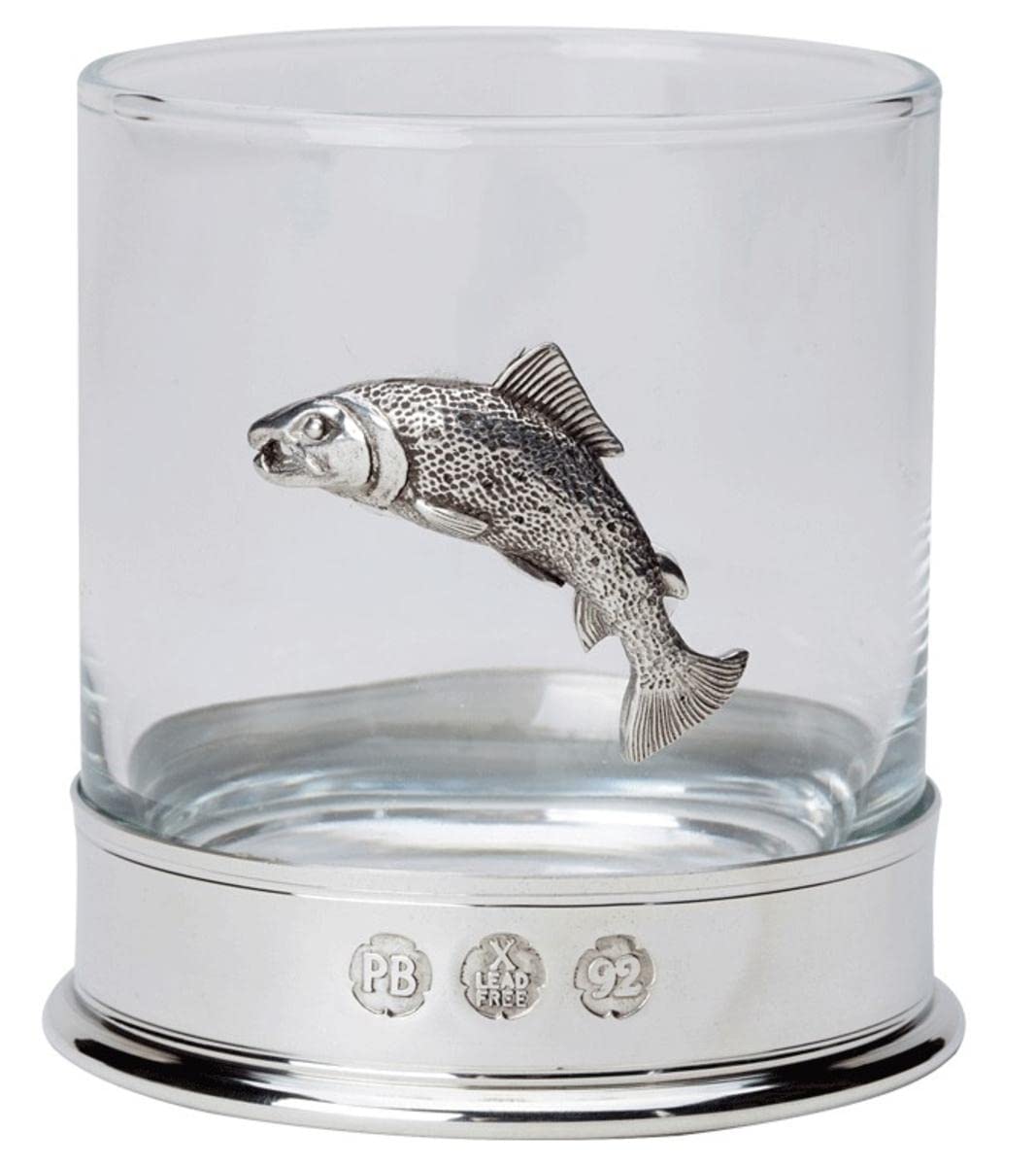 12oz Whisky Glass with a Pewter Fishing Salmon in Presentation Box