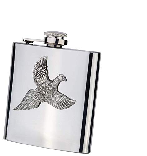 6oz Stainless Steel Hip Flask with Pewter Pheasant in a Presentation Box