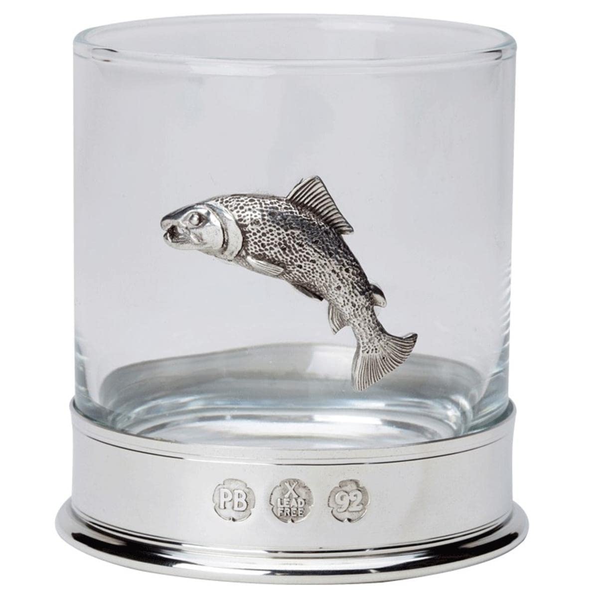 12oz Whisky Glass with a Pewter Fishing Salmon in Presentation Box