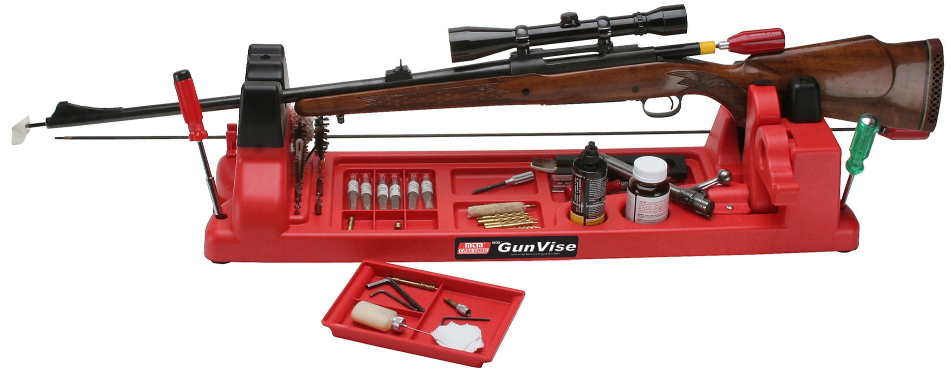 MTM GV30 Gun Vise for Gunsmithing work and Cleaning Kit, Free Standing, 11 Compartments, USA Made, Red