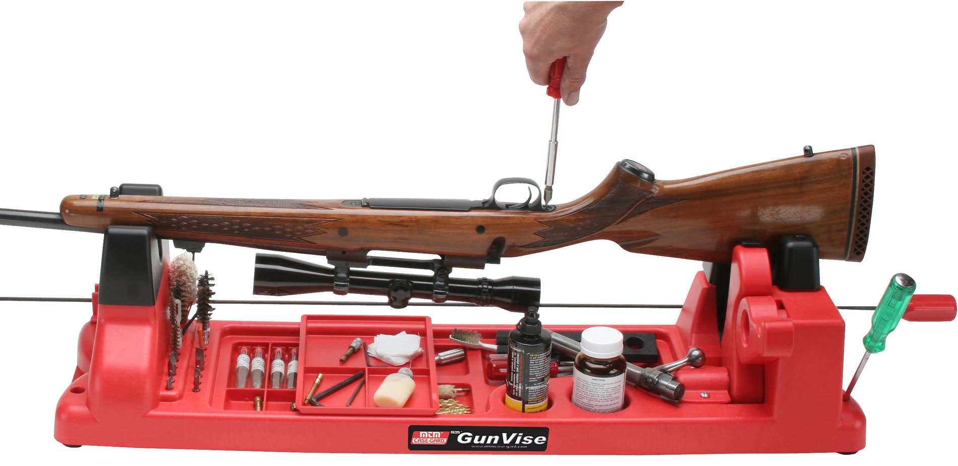 MTM GV30 Gun Vise for Gunsmithing work and Cleaning Kit, Free Standing, 11 Compartments, USA Made, Red