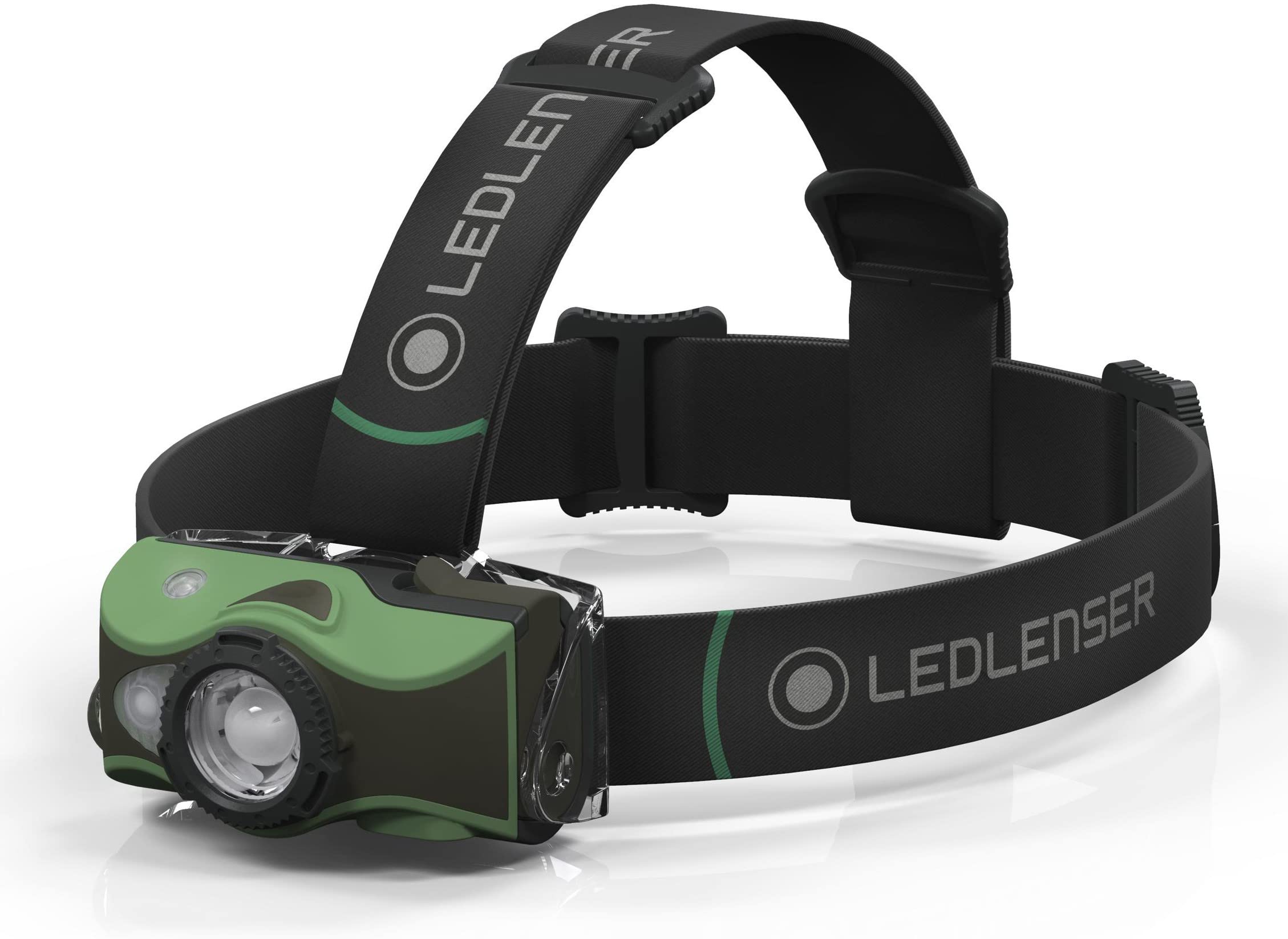 Ledlenser MH8 Outdoor Headlamp LED, green/brown, rechargeable battery, 600 lumens, focusable, runtime up to 60h, red-/green-/blue light, 2xAA useable with batteries, transportation lock, hunting